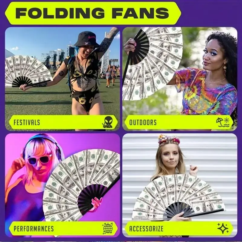 Money Print Folding Fan, 1 Count Durable Bamboo Frame Handheld Fan, Decorative Hand Fan for Home Party Wedding Festival, Party Decoration Supplies 5
