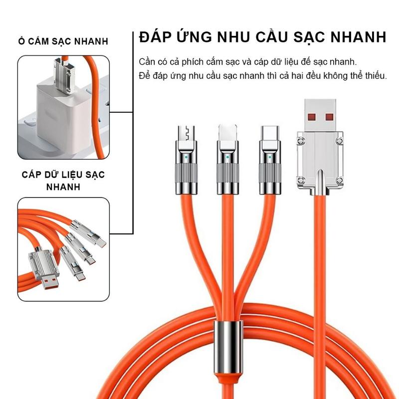 Cáp Sạc Nhanh 3 Trong 1 6A Đầy Đủ Cổng [ BH 6 Tháng ] - 3 Cổng Bằng Silicone Và Hợp Kim Kẽm Cực Bền Và Chất Tốt Phụ Kiện Sạc Điện Thoại 0