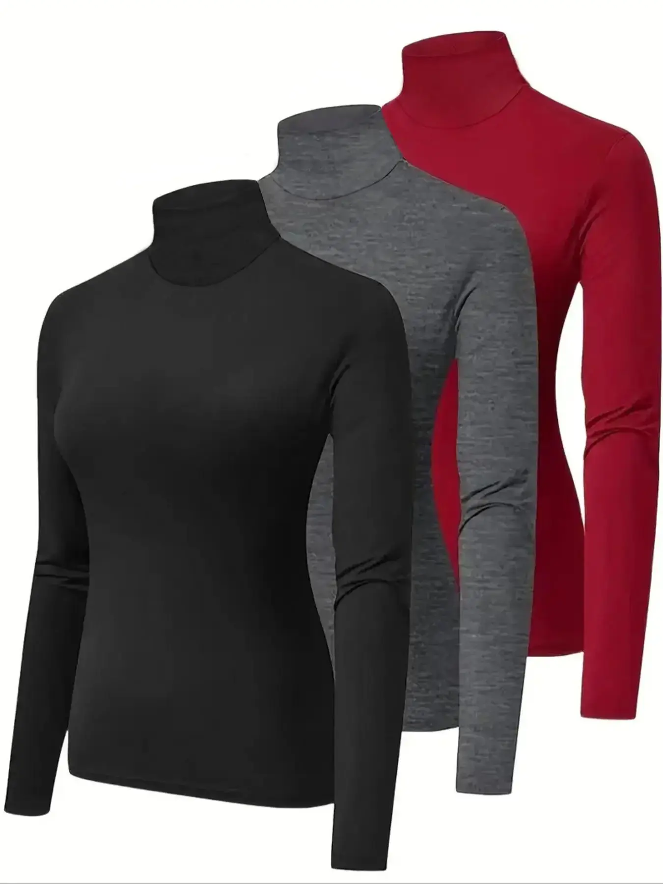 【Plus Size】 Women's Solid Color High Neck Tee, Casual Long Sleeve T-shirt for Fall & Winter, Women's Clothing for Daily Wear