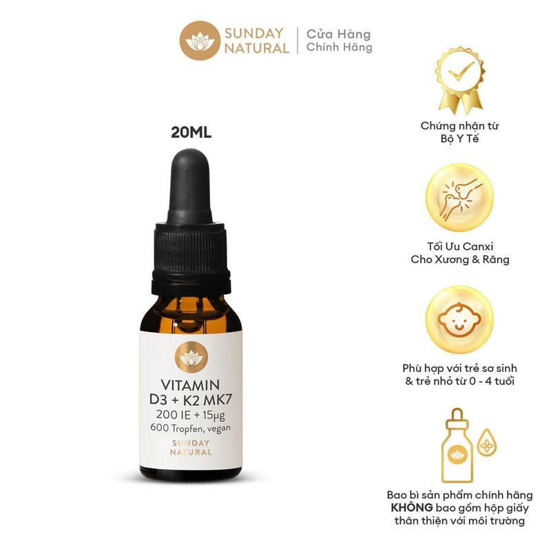 Chai Vitamin Sunday Natural VITAMIN  + K2 MK7 200 IE + 15μg Vegan dành cho trẻ em từ 0-4 tuổi , dung tích 20ML (Bao bì sản phẩm không có hộp đựng bên ngoài) vitamind 3k d3k2 thuần cho sơ sinh vitam k7 d 3   thuần chay d3 cho bé giúp