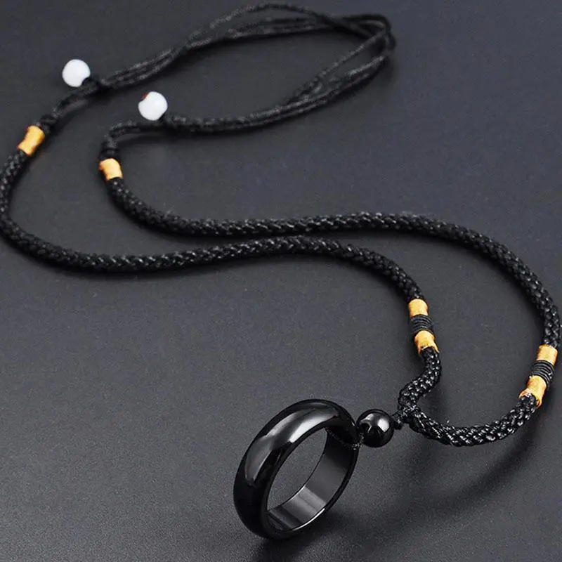 Natural Black Ring Pendant Necklaces Manual Rope Women Men Necklace Fashion For Gift Dropship