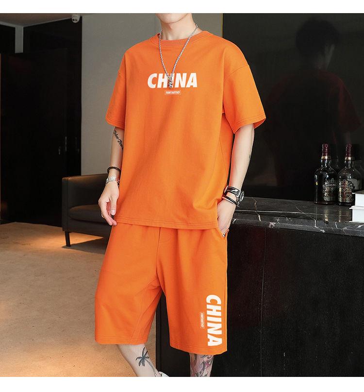 Product Introduction of Summer New Trendy Hong Kong Style Simple Letter Printing Leisure Sports Suit Green Student Short Sleeve Shorts Two Pieces Suit Menswear Overalls Lingerie Formal 10