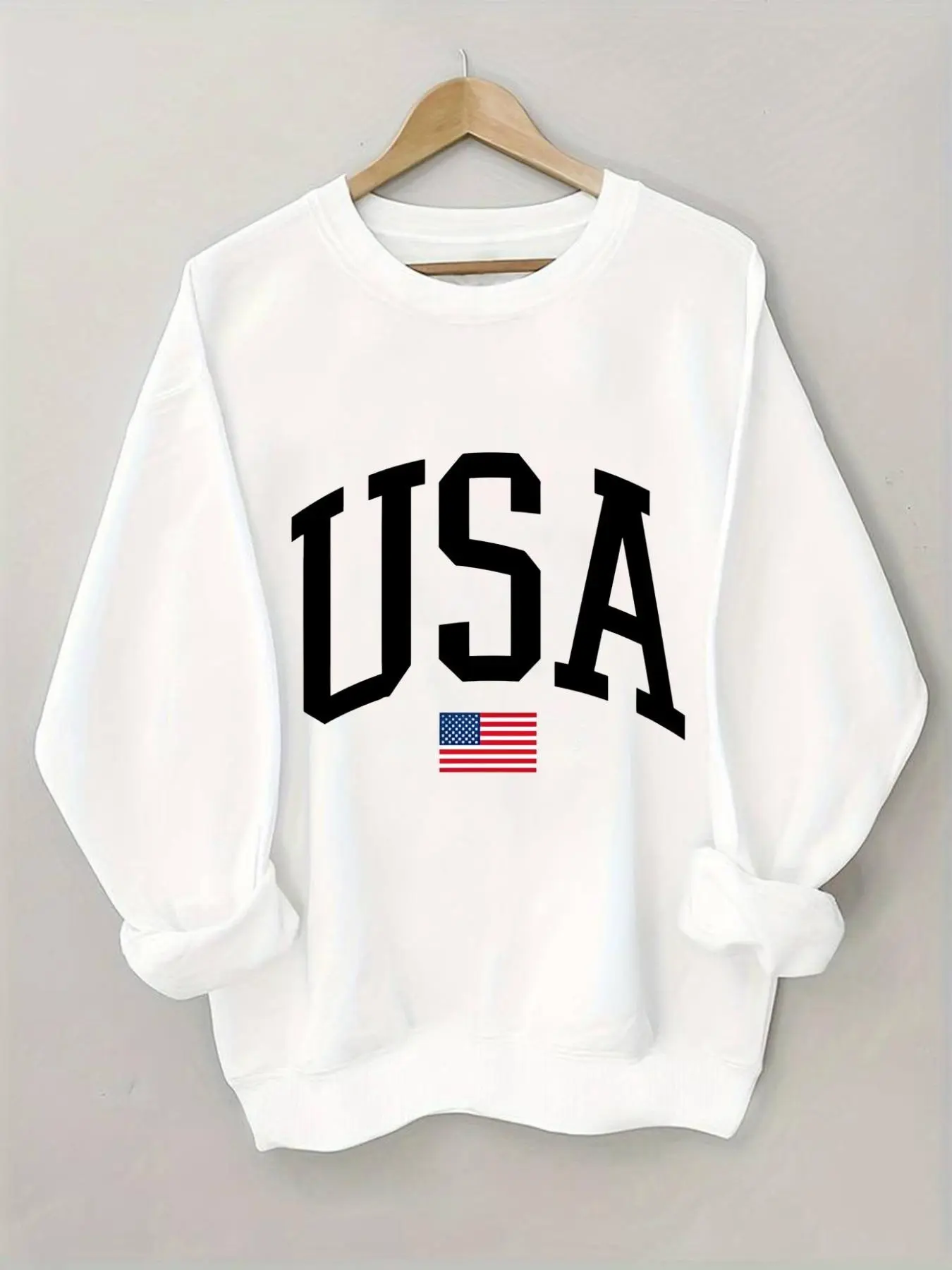 Women's USA Letter Print Round Neck Sweatshirt, Casual Long Sleeve Crew Neck Pullover for Fall & Winter, Women's Clothes for Daily Wear