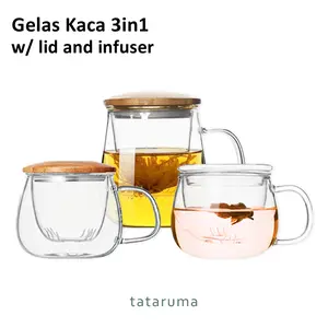 KAPPU Gelas Kaca Aesthetic Kapasitas 300 ML Tahan Panas Dan Dingin Untuk Teh, Kopi, Dll Bambu Set