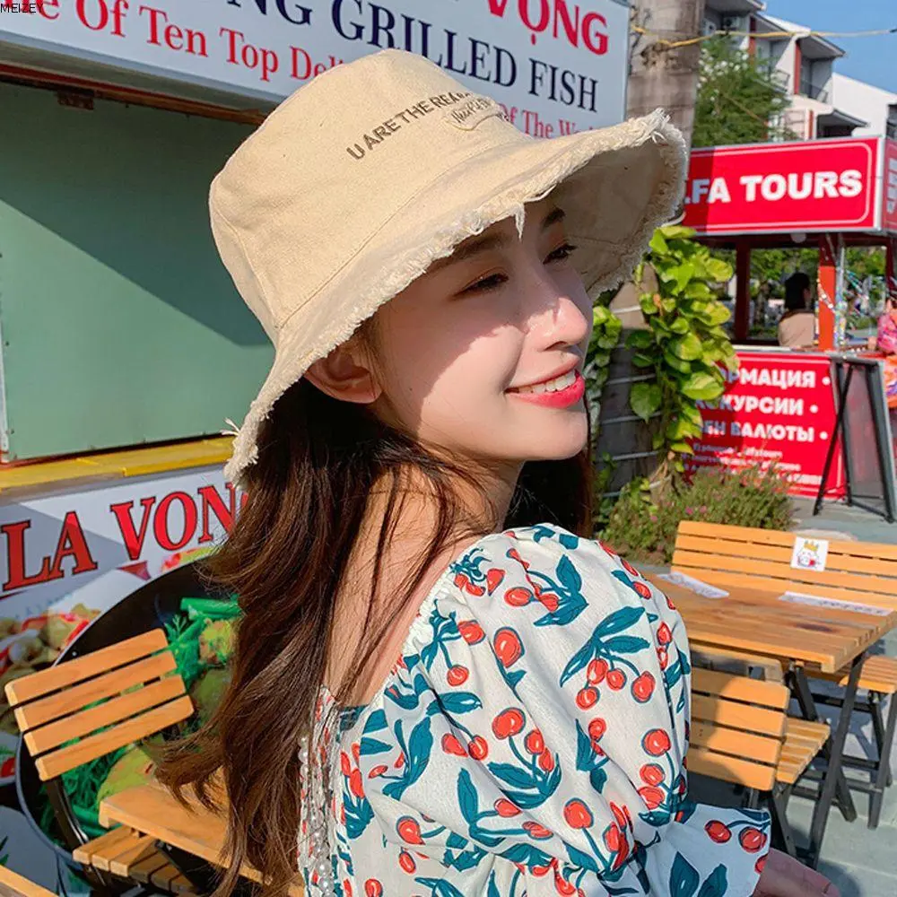 Simple Outdoor Embroidery Sunshade Letter Soild Color Female Hat Fashion Bucket Hat Korean Style Cap