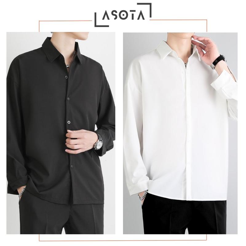 Áo sơ mi Nam trơn Trắng Đen basic, Áo sơ mi dài tay phong cách Unisex Hàn Quốc Menswear Jean Shirt Màu Đen