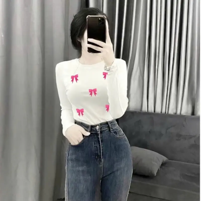 ÁO THUN TĂM TAY DÀI IN 5 cái nơ màu hồng xinh 3
