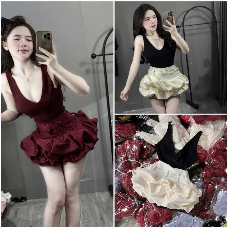 [ Hàng Sẵn ] Set Đầm Ôm Body Cổ V Kèm Quần Bí Đính Đá Bling Có Lót Trong Dành Cho Nàng Đi Tiệc