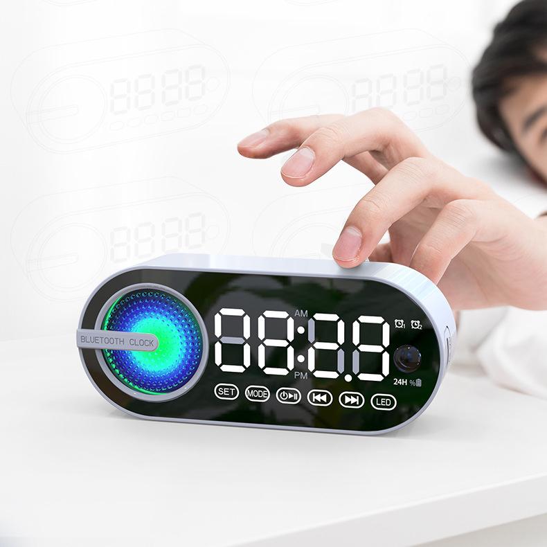Product Introduction of Mini Wireless Bluetooth Speaker LED Plastic  Alarm Clock Multifunctional Stereo Speaker  Smartphone TF Card FM Colorful Lighting  Portable Small Alarm Clock Audio 3