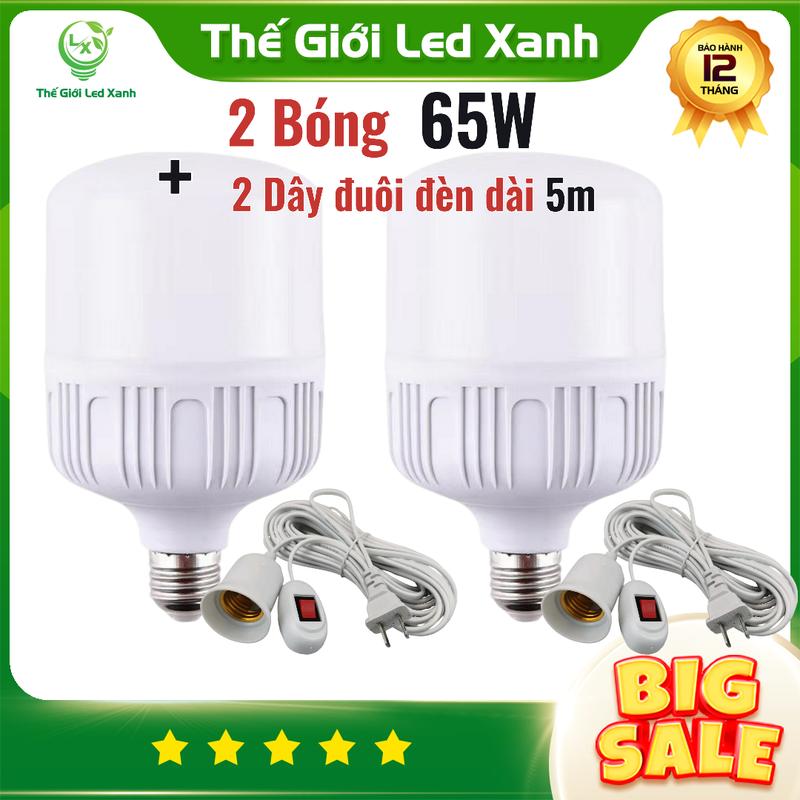 Combo 2 bóng đèn led 65W sáng trắng + 2 Dây đuôi đèn có sẵn công tắc dài 5 mét - Bảo hành 12 tháng