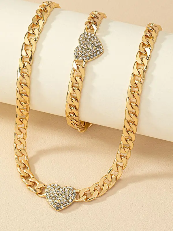 Rhinestone Decorated Heart Design Necklace & Bracelet, Fashion Jewelry for Party, Daily Clothing Decor, Trendy All-match & Exquisite Jewelry for Birthday Gift, Valentine's Day, Gift 2