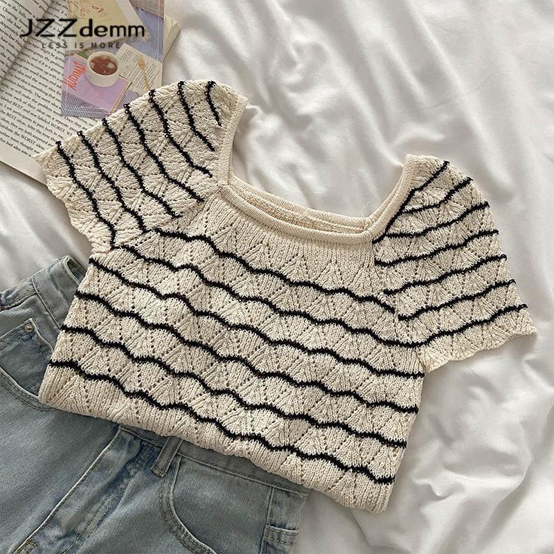Áo Thun Ngắn Tay Cổ Vuông Cho Nữ, Áo Len Rỗng, Sóng Mùa Hè, Sọc, Dáng Ôm, Eo Cao, Áo Crop Top