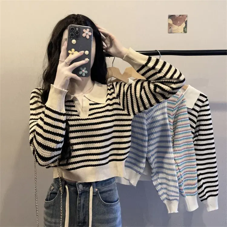 Áo Dệt Kim Mùa Xuân Và Mùa Thu Cho Nữ, Áo Dài Tay Có Cổ Polo Sọc, Màu Tương Phản Mới Top Women