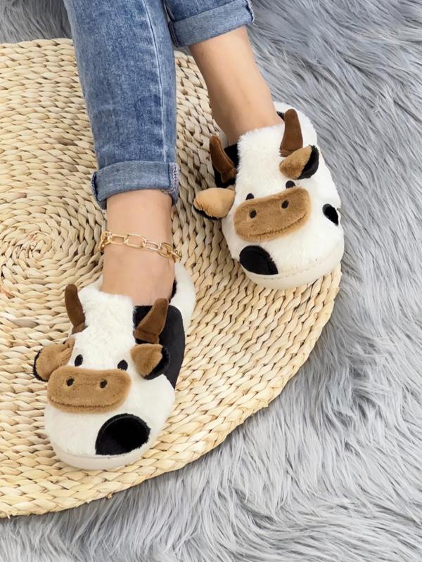 Women's Cute Cow Design Plush Slippers, Warm Bedroom Slippers for Winter, Silent Anti-slip Slippers for Daily Used 3