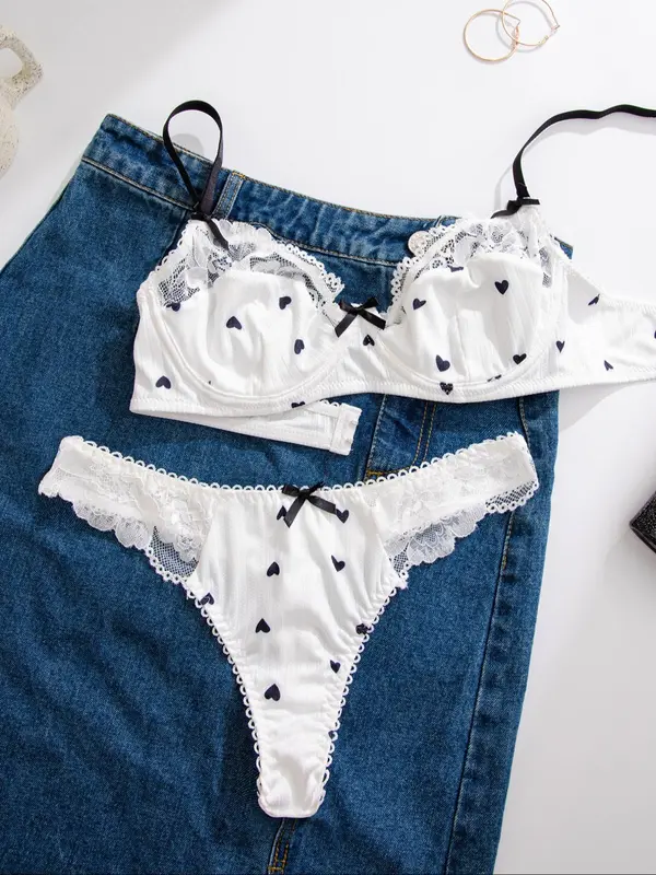 Women's Ditsy Floral Print Contrast Lace Bra & Panty Set, Floral Decor Adjustable Strap Bra & Knicker, Summer Wear 2024, Summer Clothes Women, Ladies Lingerie Set Valentine's Day, Underwear for Women 4