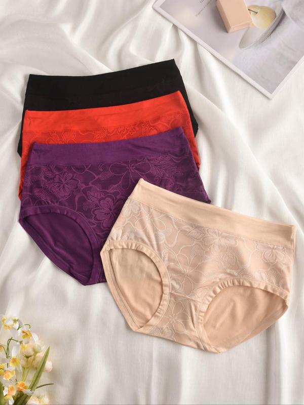 Women's Solid Color Floral Pattern Mid Waist Panty, Soft Comfortable Breathable Knicker for Daily Wear, Ladies Underwear for All Seasons 5