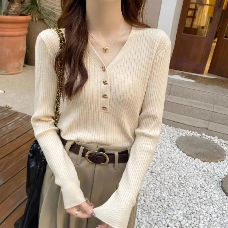 Áo Lớp Cơ Sở, Cổ Chữ V, Dành Cho Nữ, Thích Hợp Cho Mùa Thu Và Mùa Đông, Hàng Mới Về, Đồ Len, Mềm Mại Và Nếp, Cao Cấp, Áo Len Mỏng, Áo Dài Tay