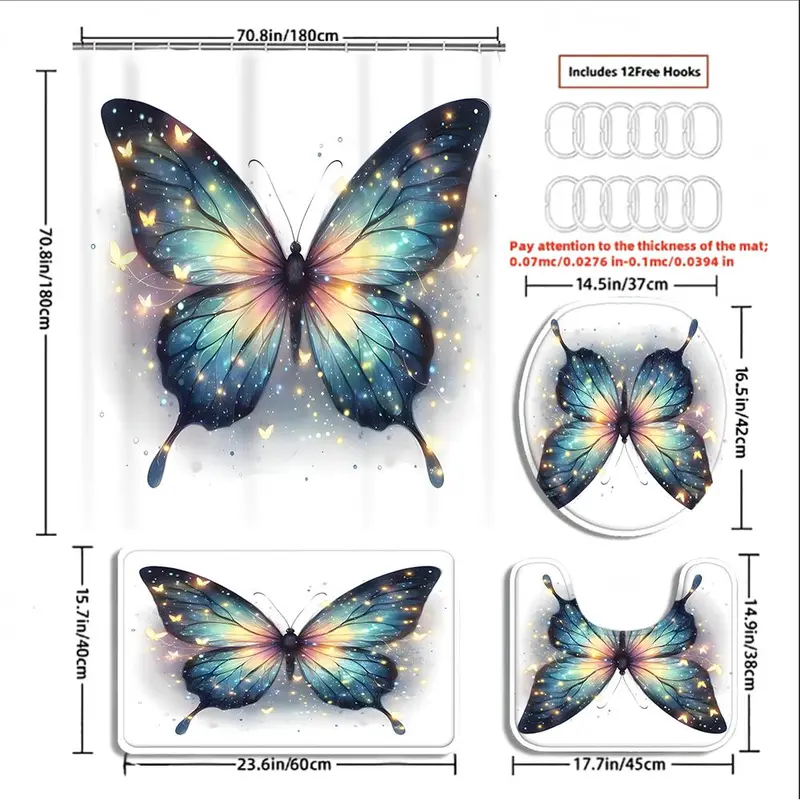 Butterfly Pattern Shower Curtain, 1 Count Colorful Butterfly Pattern Shower Curtain with 4 Counts Hooks, Bathroom Decor Supplies for Home Hotel Salon Dormitory 1