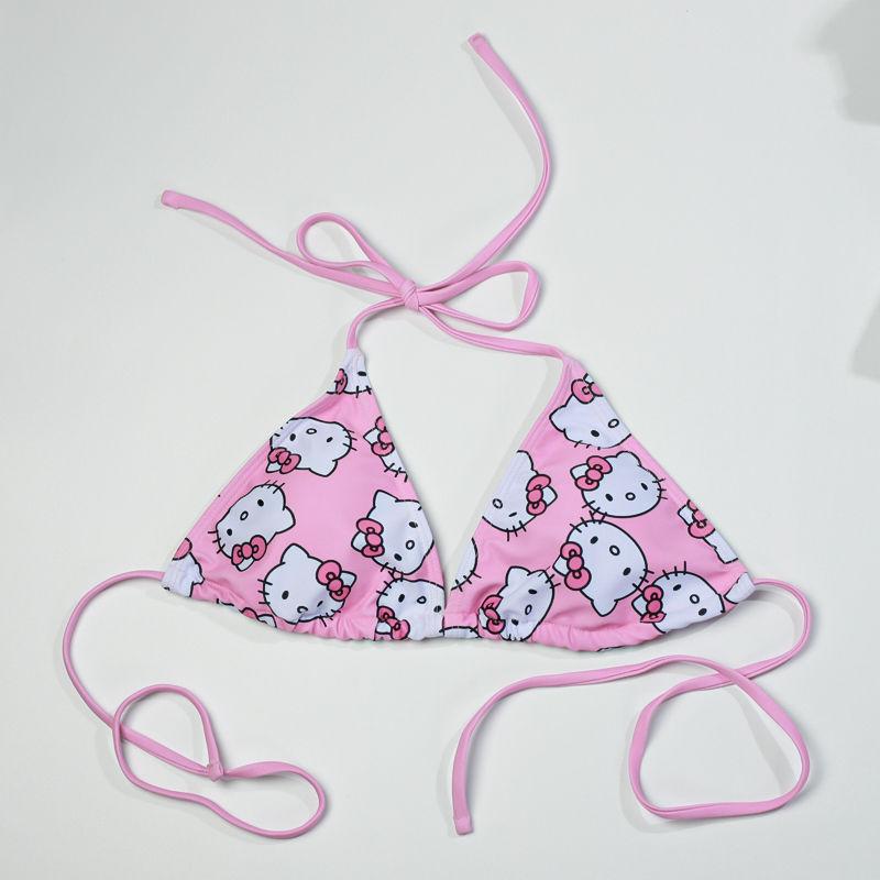 Áo Tắm Bikini, Kitty Cô Gái Dễ Thương, Phong Cách Tam Giác, Màu Hồng, Có Đệm Ngực Có Thể Tháo Rời Thích Hợp Cho Kỳ Nghỉ Bãi Biển, Đồ Bơi 1