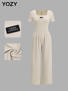 YOZY Women's Solid Color Patched Zipper Back Jumpsuit, Casual Comfy Square Neck Short Sleeve Jumpsuit for Daily Wear, Ladies Clothes for All Seasons