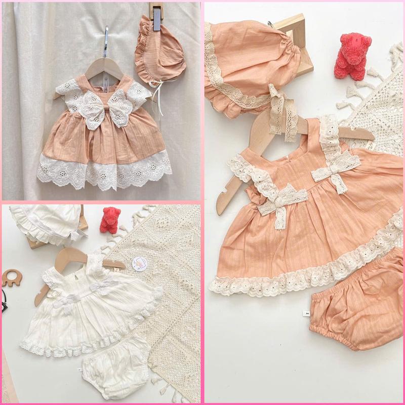 Sét 3 Chi Tiết Áo Váy Kèm Quần Chíp Và Tuban Cho Bé Gái 3-10 Kg Mặc Đầy Tháng Thôi Nôi