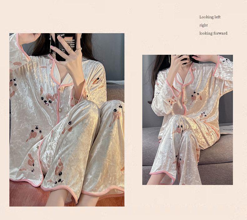 Product Introduction of Bộ Đồ Ngủ Nhung Kim Cương, Cao Cấp, Dành Cho Nữ, Bộ Đồ Mặc Nhà Dài Tay, Phong Cách Pháp Ngọt Ngào Nhung Vàng Mới, Thích Hợp Cho Mùa Xuân, Mùa Thu Và Mùa Đông 5