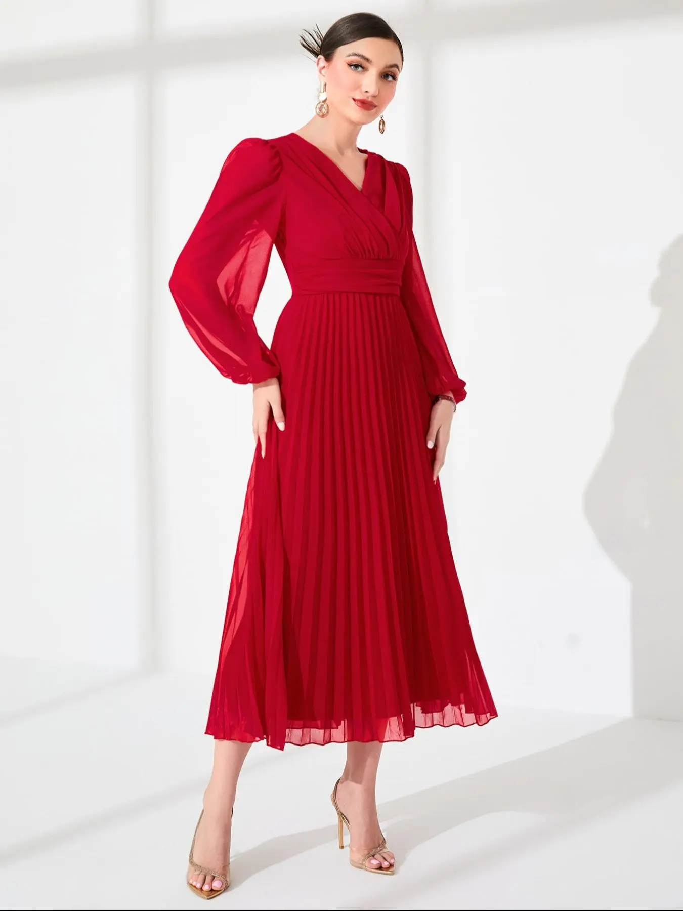 Women's Plain Flare Leg Chiffon Overlay Dress, Elegant Bishop Sleeve Ruffle Trim Long Dress for Party Holiday Wedding Guest, Ladies Clothes for All Seasons