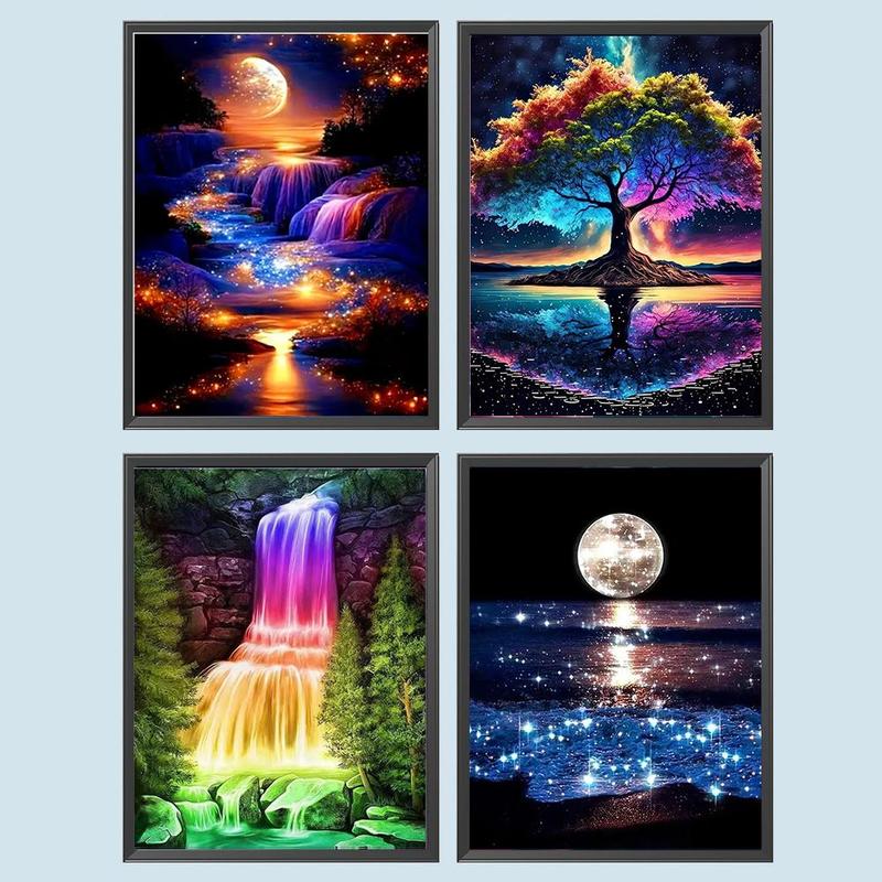 Landscape Pattern DIY Diamond Arts Colorful Painting Kit without Frame, 4 Counts/set DIY Decorative Art Picture for Beginner, Wall Art Decor for Home Living Room Bedroom, Handicraft 0