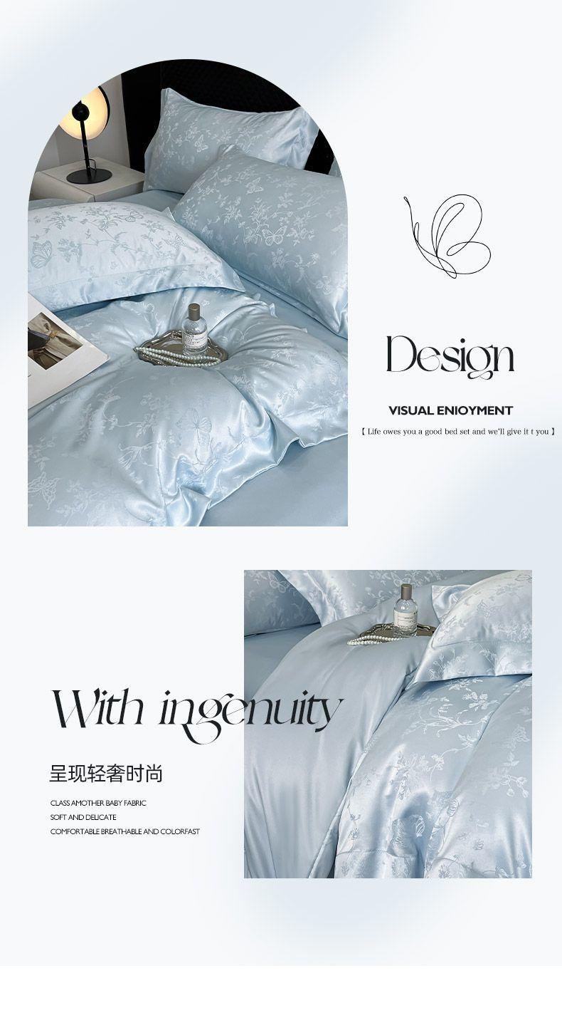 Product Introduction of 2025 Light Luxury Summer Jacquard Ice Silk Four-Piece Set Double-Sided Washable Silk Bed Sheet Duvet Cover Naked Sleep Tencel Bedding Three-Piece Set bedsheet  comforter decobilik  tidur bedding kapas  living king  fitted  bed  sheet four piece set comfor 11
