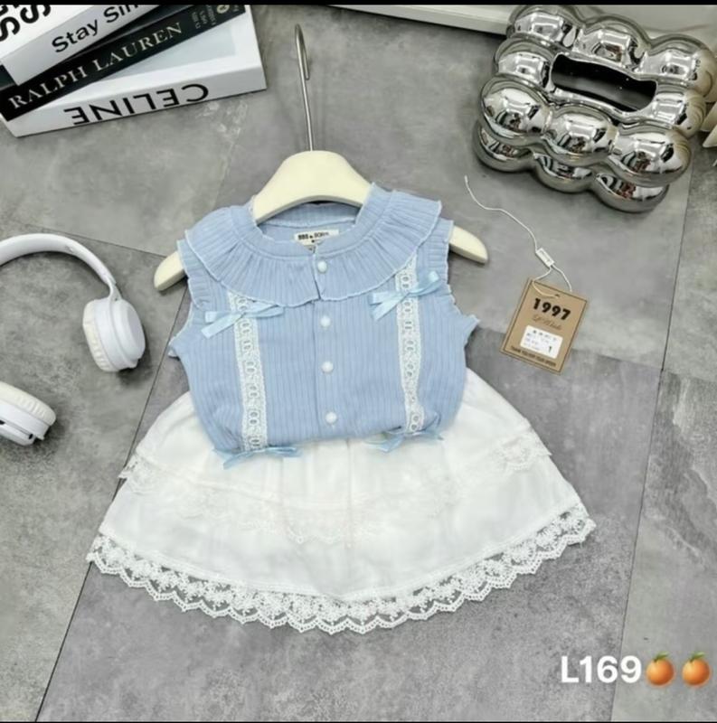 [6-25kg] Set bộ bé gái áo nhúng mềm màu xanh kèm chân váy đũi cho bé [XMHM]