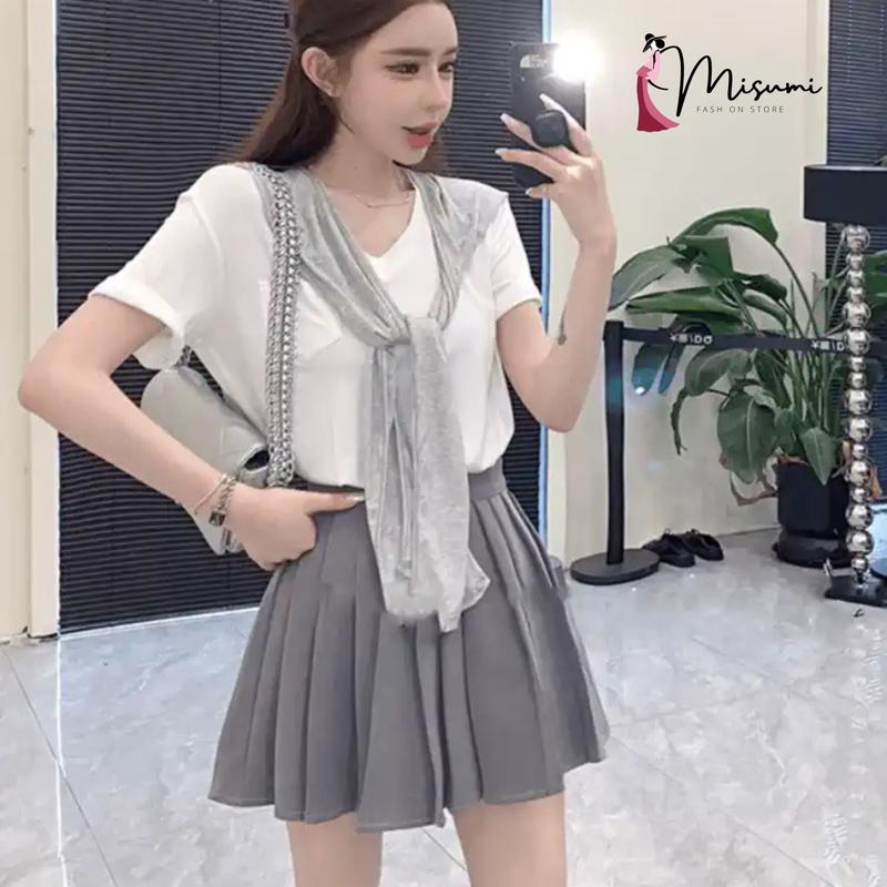 Sét váy MISUMI gồm áo thun ngắn tay, chân váy xếp ly kèm khăn choàng phong cách Hàn Quốc ngọt ngào dễ thương SET6 2