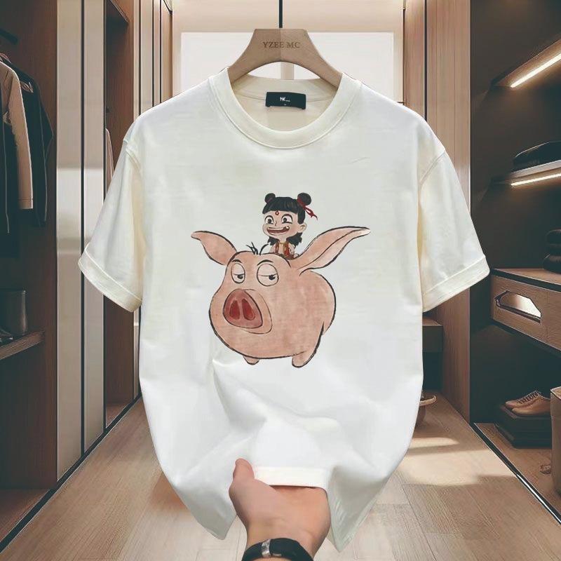 Cute Nezha Original Animation Piece Design Combed T-Shirt Men Retro Loose All-Match Casual Half-Sleeved Men m-3xl 2