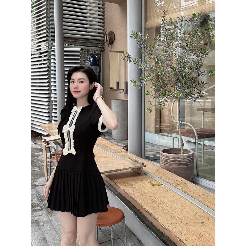 Đầm bigsize nữ tay ngắn phối nơ trắng dáng ngắn xòe dập ly xinh xắn, vải tuyết mưa cao cấp-D04