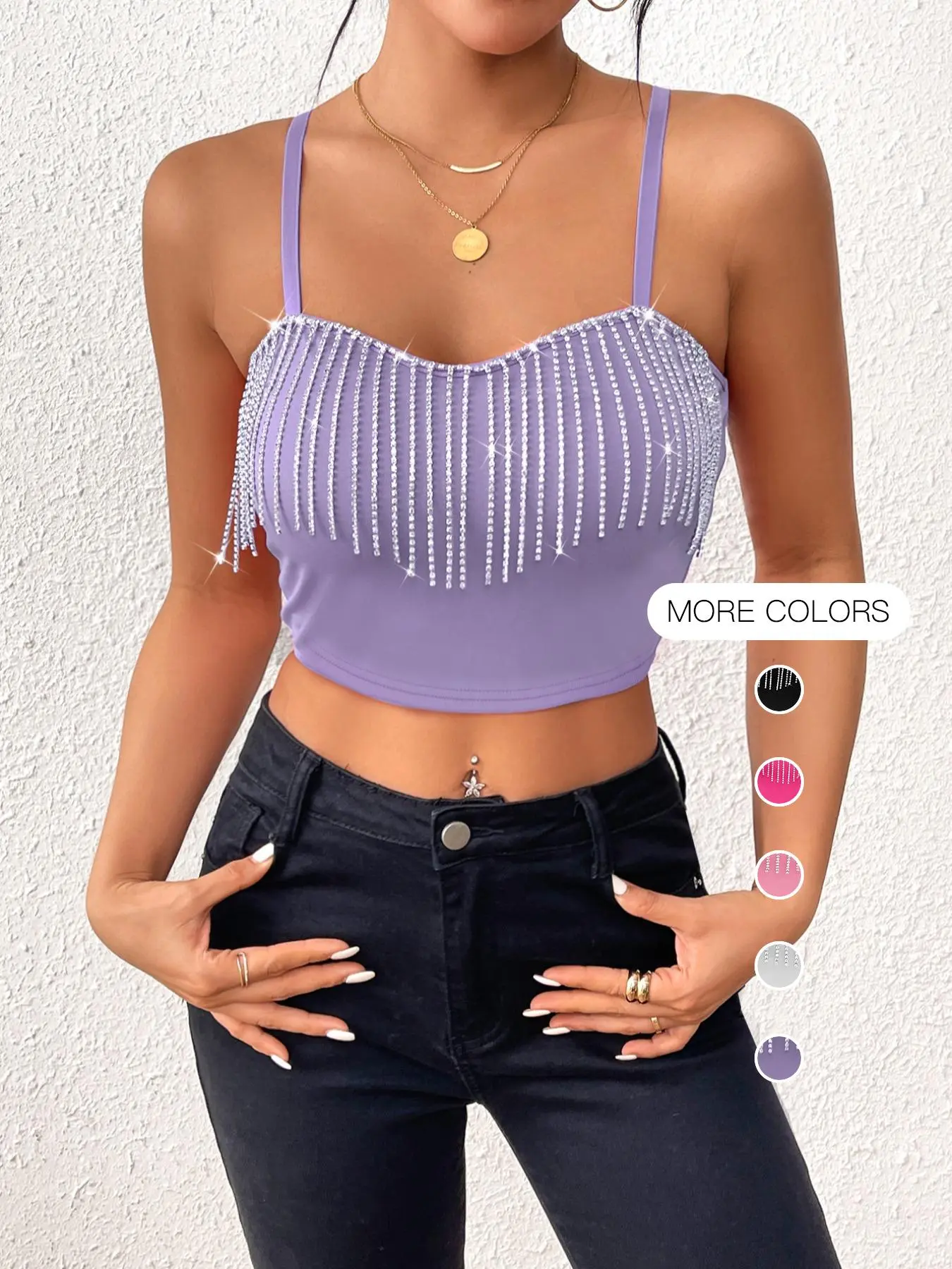 Women's Glitter Chain Decor Crop Cami Top, Fashion Casual Sleeveless Top for Daily Outdoor Wear, Ladies Clothes for All Seasons