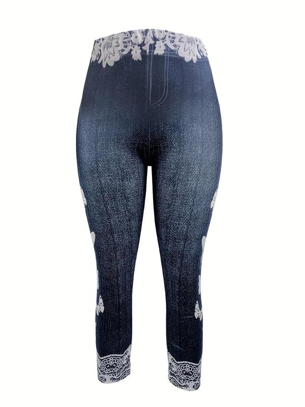 Women's Butterfly & Denim-Effect Print Elastic Waist Capri Leggings, Casual Comfy High Waist Skinny Pants for Daily Wear, Ladies Summer Bottoms 5