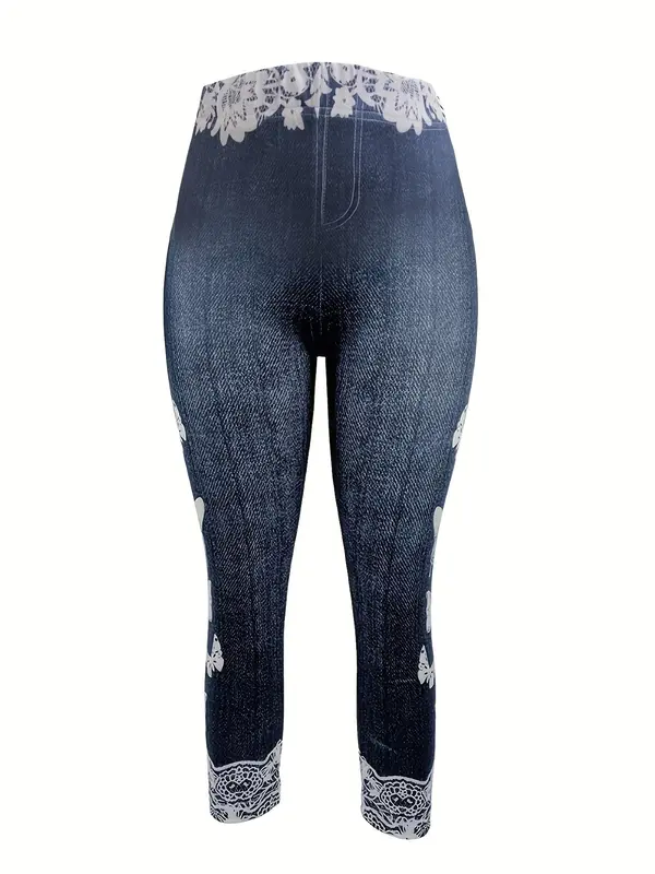 Women's Butterfly & Denim-Effect Print Elastic Waist Capri Leggings, Casual Comfy High Waist Skinny Pants for Daily Wear, Ladies Summer Bottoms 5