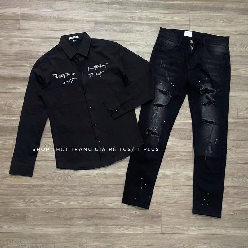 1 Bộ ( quần jeans màu đen chấm sơn, rách,  co giản, ôm gọn  và áo sơ mi tay dài chất đũi thoáng mát,  màu đen ) size 45-75kg dành cho nam