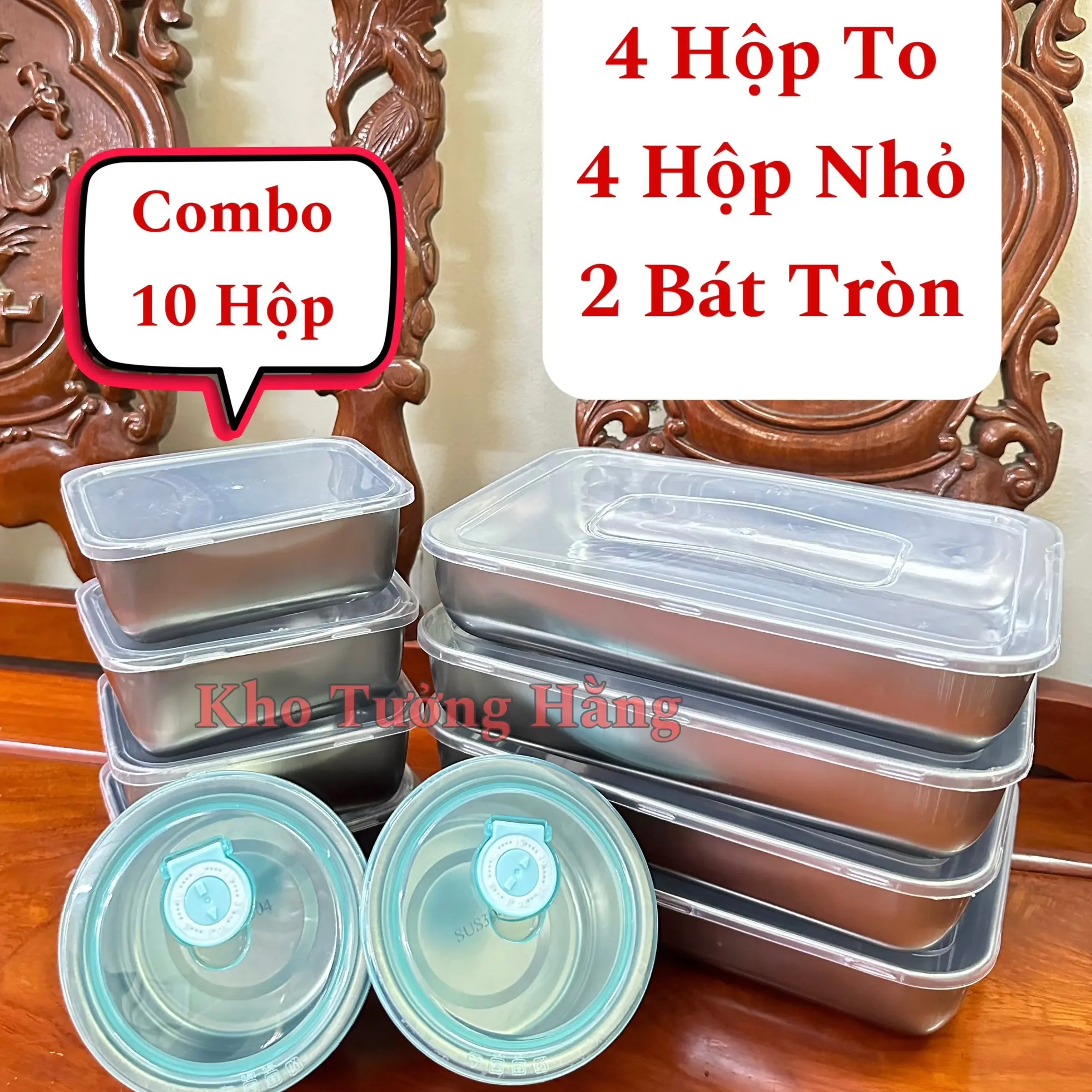 Combo 10 Hộp (4 Khay To + 4 Khay Nhỏ Đựng Thực Phẩm Có Nắp Đậy Inox 304 +2 Bát Tròn Có Gioăng Silicon Đựng Đồ Ăn Tiện Lợi , Inox 304 An Toàn Vệ SInh Thực Phẩm