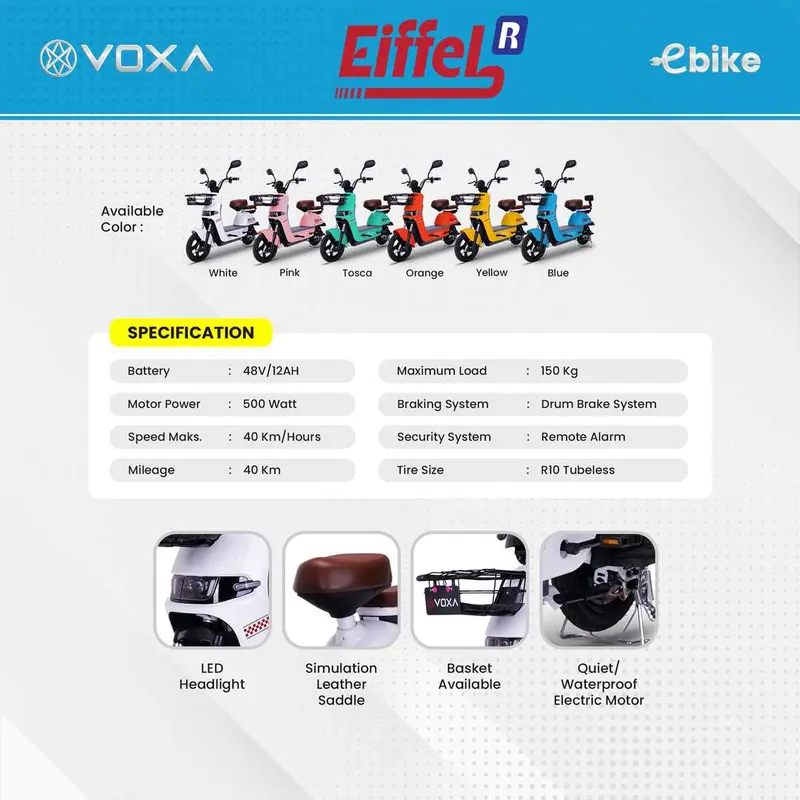 VOXA Sepeda Listrik Eiffel Rider Terbaru 500 watt 48V/12AH sepeda motor Murah Dewasa dan Anak Rekomendasi Terbaik  Garansi Resmi Ban Lampu 3