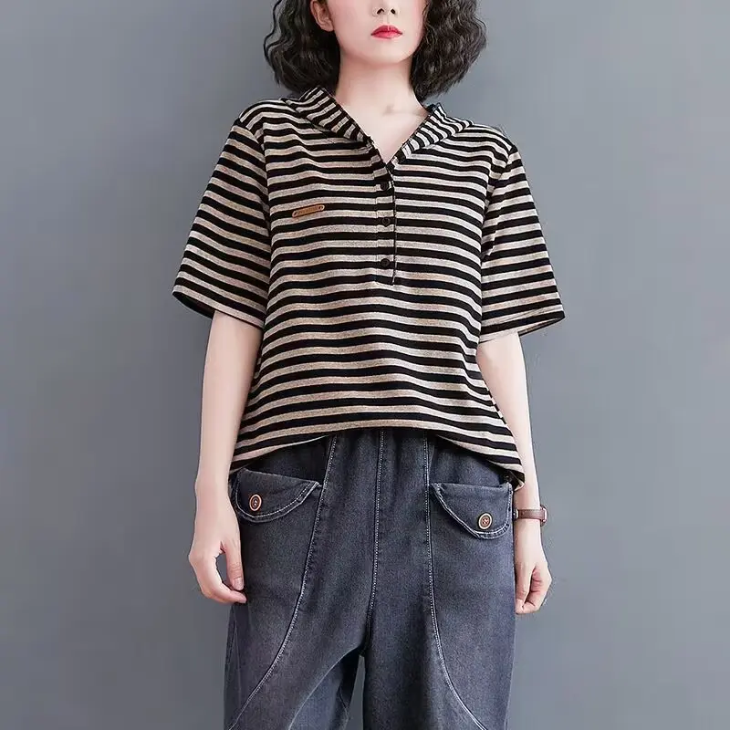 Áo Thun Nữ Ngắn Tay Thoải Mái Và Thường Ngày Có Mũ Trùm Đầu, Có Ngực Sọc, Hàng Mới Về Mùa Xuân Và Mùa Hè 2024, Cỡ Lớn, Quần Áo Nữ Top Women Polo Sọc Kẻ Màu Đen