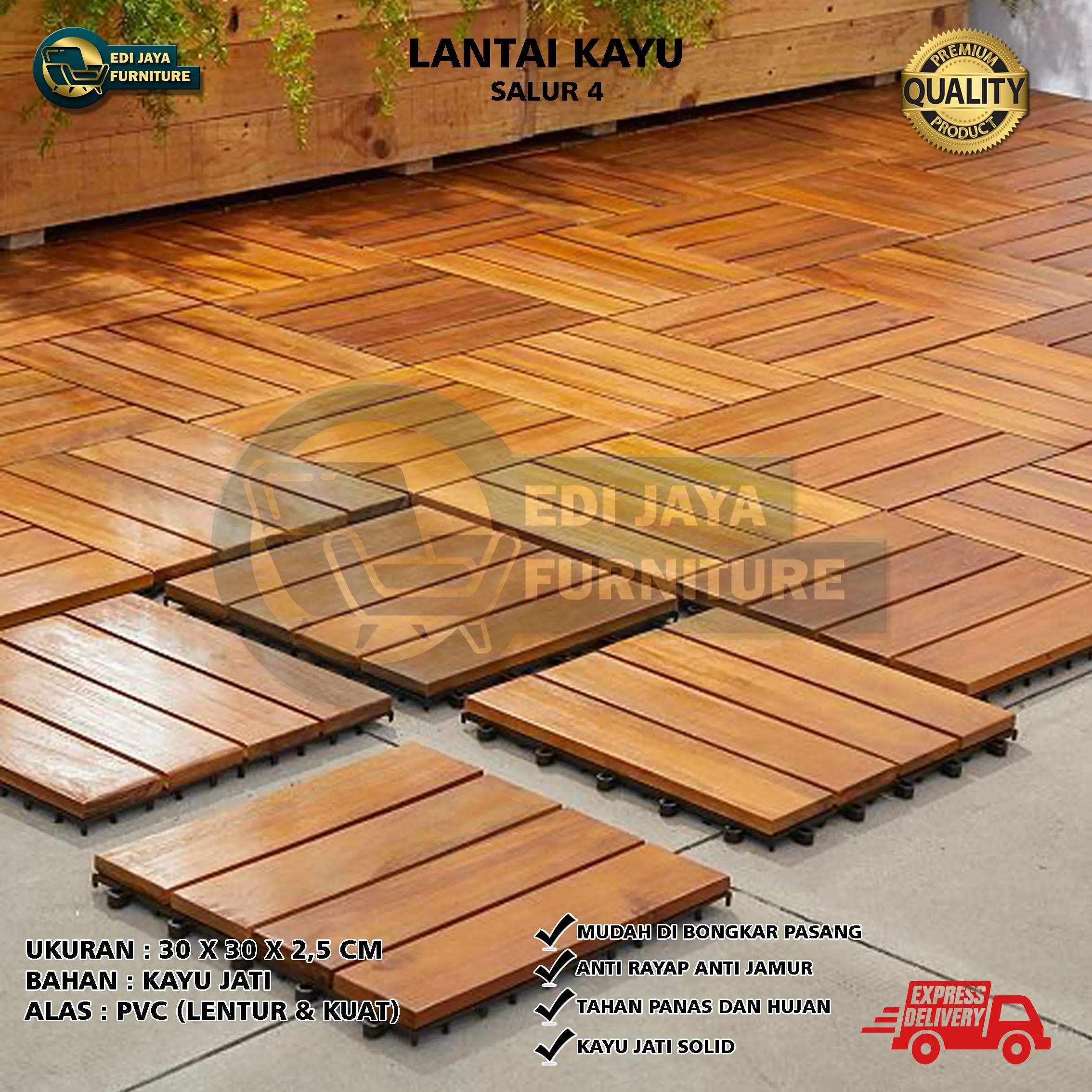 Decking Tile Parket Ubin Lantai Kayu Jati Salur 4 Bongkar Pasang 30 x 30 cm | Pvc