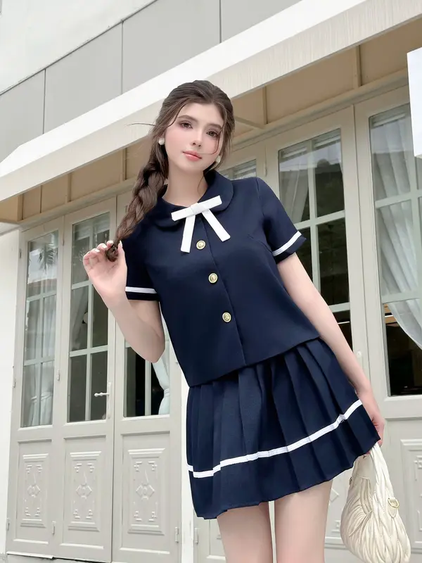 Set Váy Dạ Tex Cổ Sen Phối Nơ Xinh Mix Chân Váy Xếp Li Sang Chảnh, Tiểu thư, Fiona Set- SET14 [LALA DESIGN], [S-XXL] Nữ Women 3