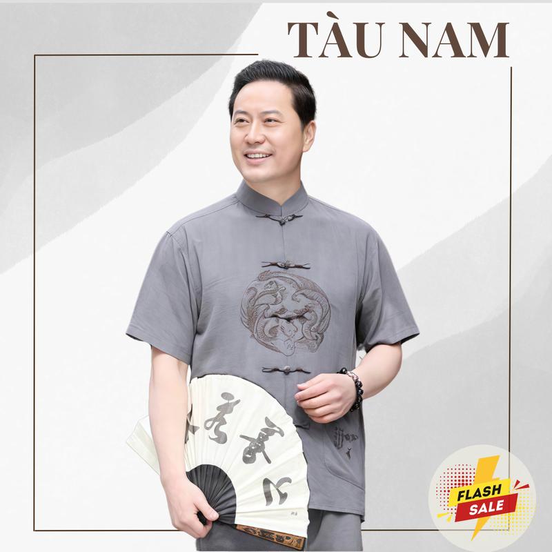 ( B2 ) Sét Bộ Đũi Cộc Tay Thêu Rồng Phượng  Dành Tặng Cho Bố Và Ông Mặc Ở Nhà Nam Áo Menswear Quần Polo