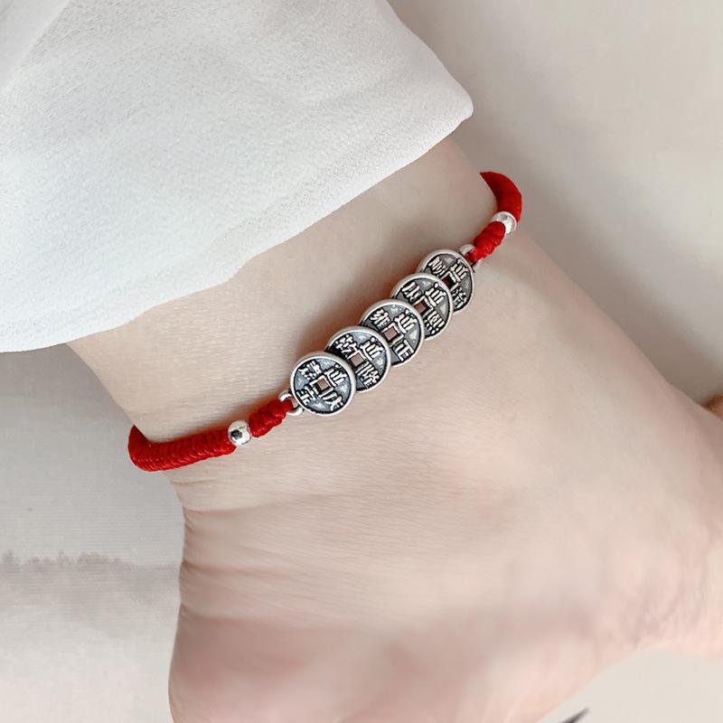 999 Sterling Silver Five Emperors Coin Anklet Black and Red Ropes ...