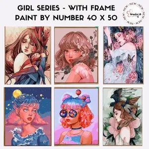 [WITH FRAME] Paint By Number Set 40 x 50 cm Girl Series / DIY Painting Kit Numbers Lukis Canvas 40x50cm - Melukis Nomor Angka Numbering Kanvas Art Gambar Anak Dewasa - Kids Adult