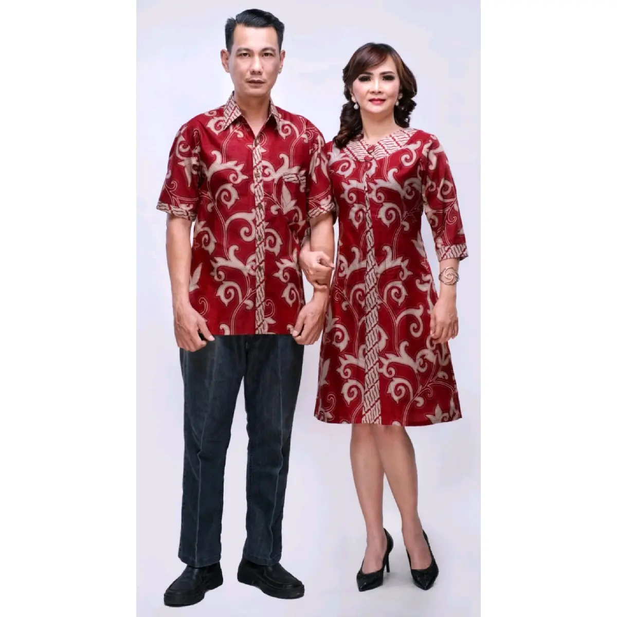 COD Baju Couple Kemeja Dress Batik Ameta Merah