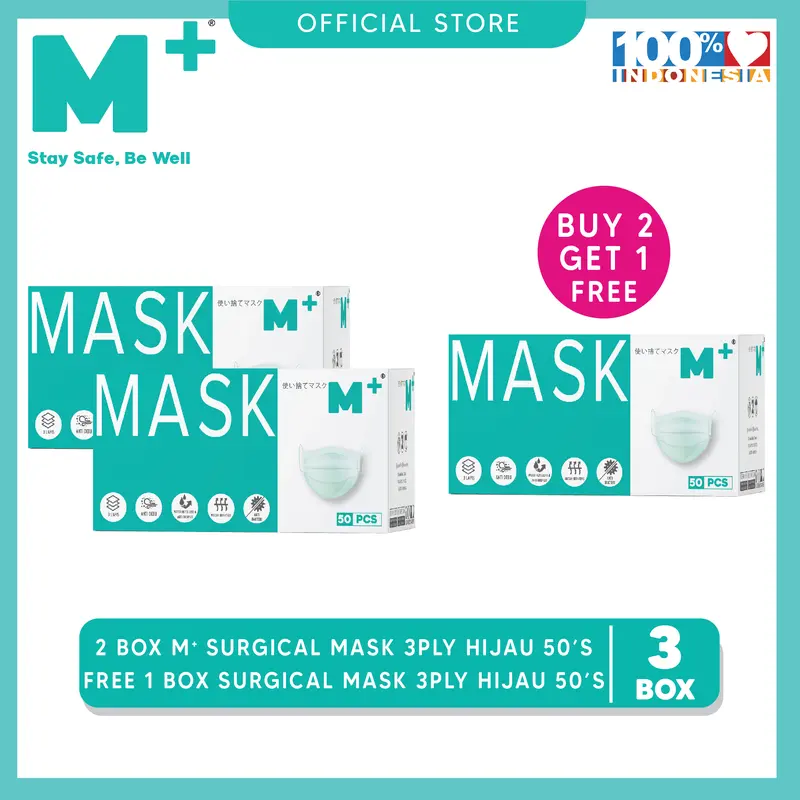 Buy 2 Get 1 M+ Surgical Mask Earloop 3 Ply Hijau - Isi 50 Pcs Kuat 0