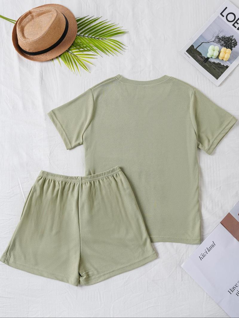 Product Introduction of Women's Solid Waffle Knit Lounge Set, Casual Comfy Short Sleeve T-shirt & Shorts Matching Pj Set, Ladies Sleepwear for Summer, Perfect Matching 5