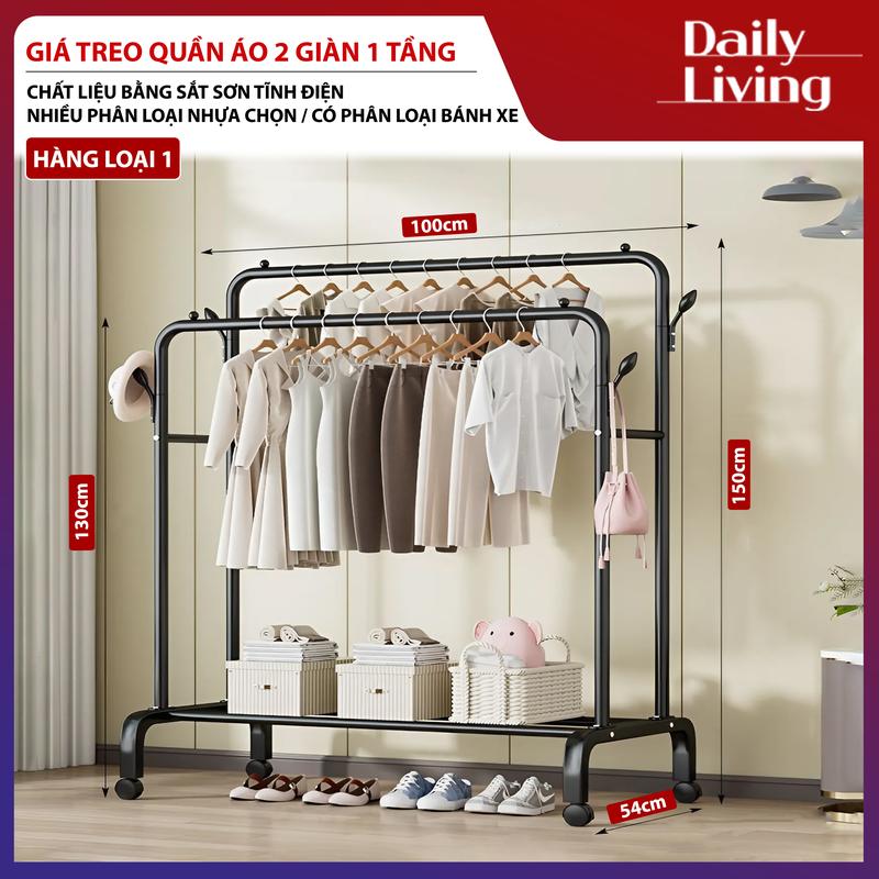 Giá Treo Quần Áo 2 Giàn Treo 1 Tầng DLS Kệ Treo Quần Áo Có Bánh Xe, Kệ Để Đồ Bằng Sắt Sơn Tĩnh Điện Kệ Treo Quần Áo Lắp Ráp Tiện Lợi Đơn Giản