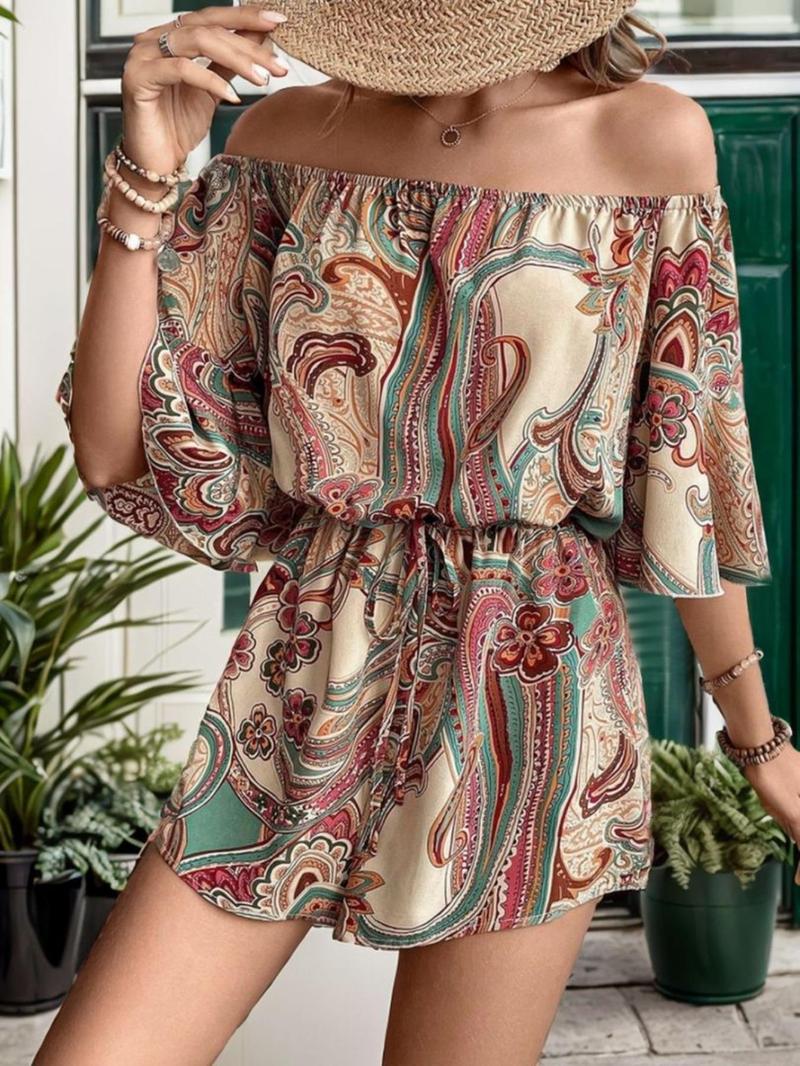 Product Introduction of Women's Ethnic Print Off Shoulder Romper, Boho Fashion Casual Romper for Daily Holiday Vacation Wear, Women Clothes for Spring 4
